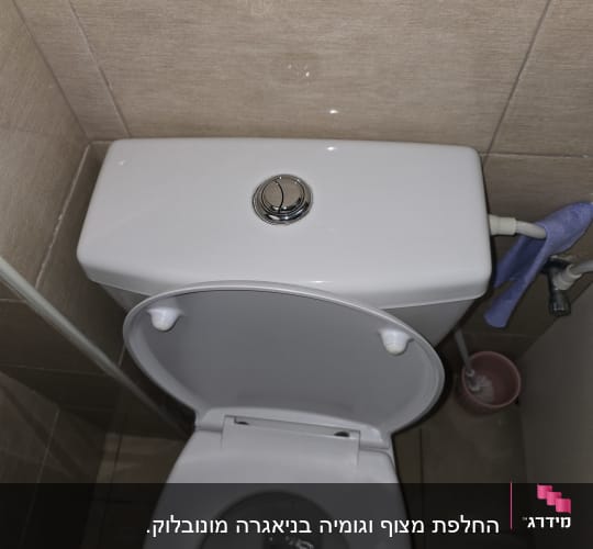 אסלה עם מכסה פתוח ומברשת ניקוי בצד